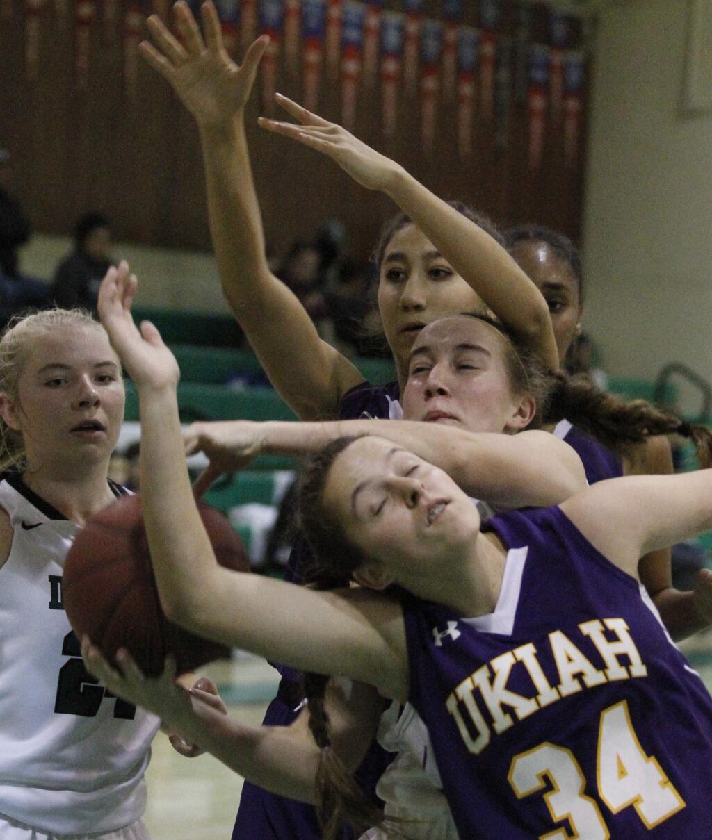Bill Hoban/Index-TribuneSonoma's Kennedy Midgley tries to control a rebound while teammate Alyssa Schimm (#24) waits to lend a hand during Friday night's game against Ukiah.