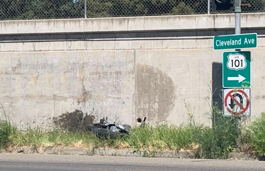 A crash at Clevelanad Avenue and Frances Street in Santa Rosa on Thursday, July 7, 2022. (Colin Atagi / The Press Democrat)