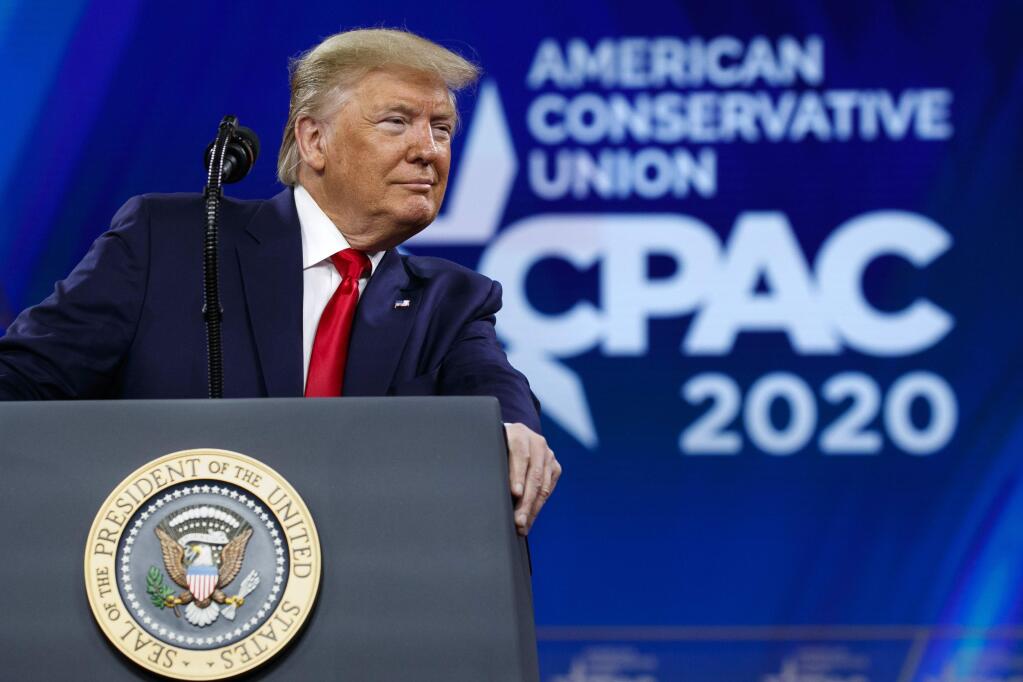 President Donald Trump pauses while speaking at the Conservative Political Action Conference, CPAC 2020, at National Harbor, in Oxon Hill, Md., Saturday Feb. 29, 2020. (AP Photo/Jacquelyn Martin)