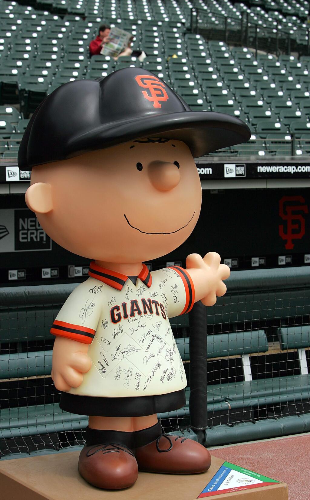 A Charlie Brown sculpture is seen in a San Francisco Giants uniform outside the Giants' dugout prior to the game with the San Diego Padres Saturday, May 28, 2005, in San Francisco. (AP Photo/Ben Margot)