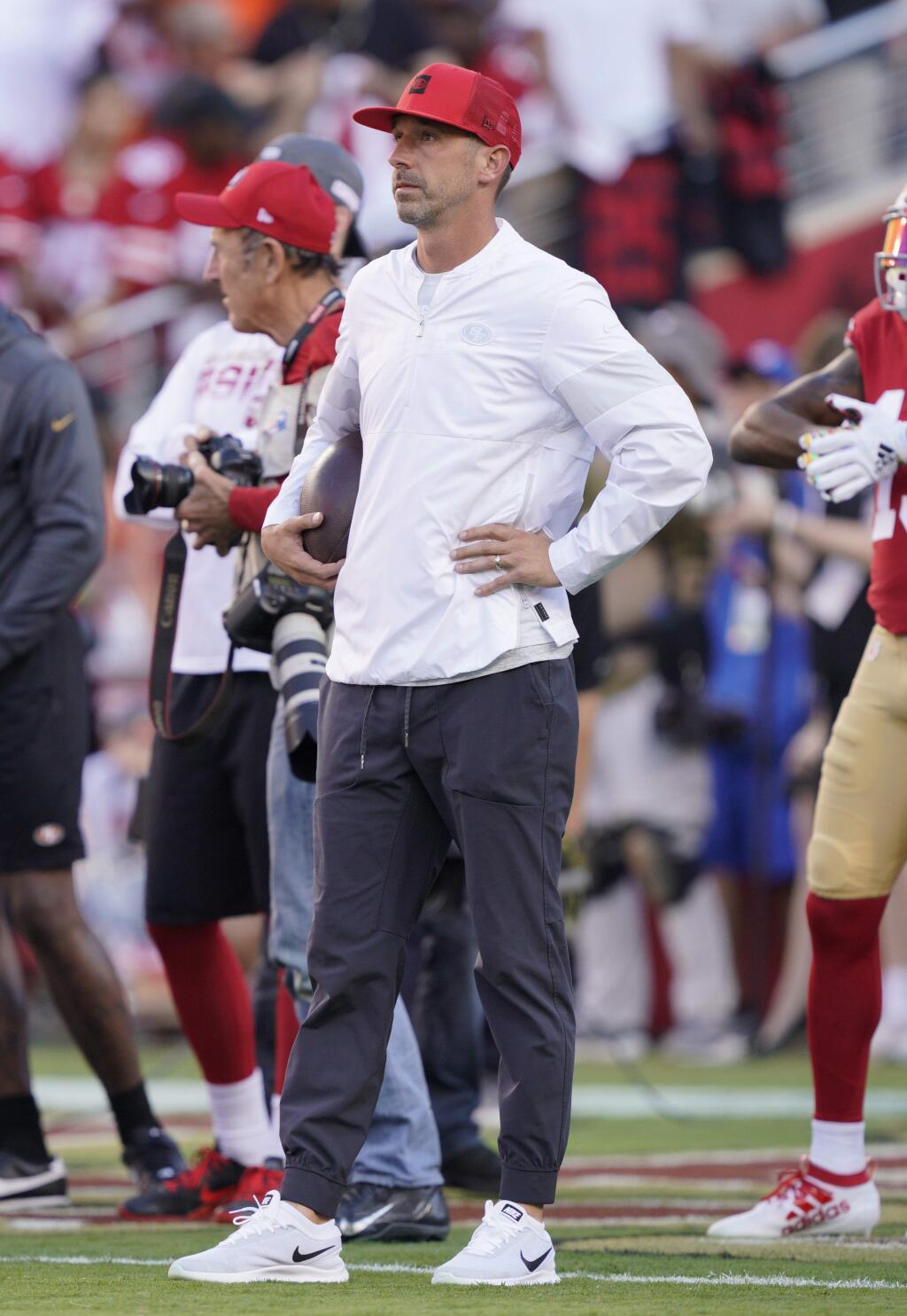 San Francisco 49ers head coach Kyle Shanahan watches before a game against the Cleveland Browns in Santa Clara, Monday, Oct. 7, 2019. (AP Photo/Tony Avelar)
