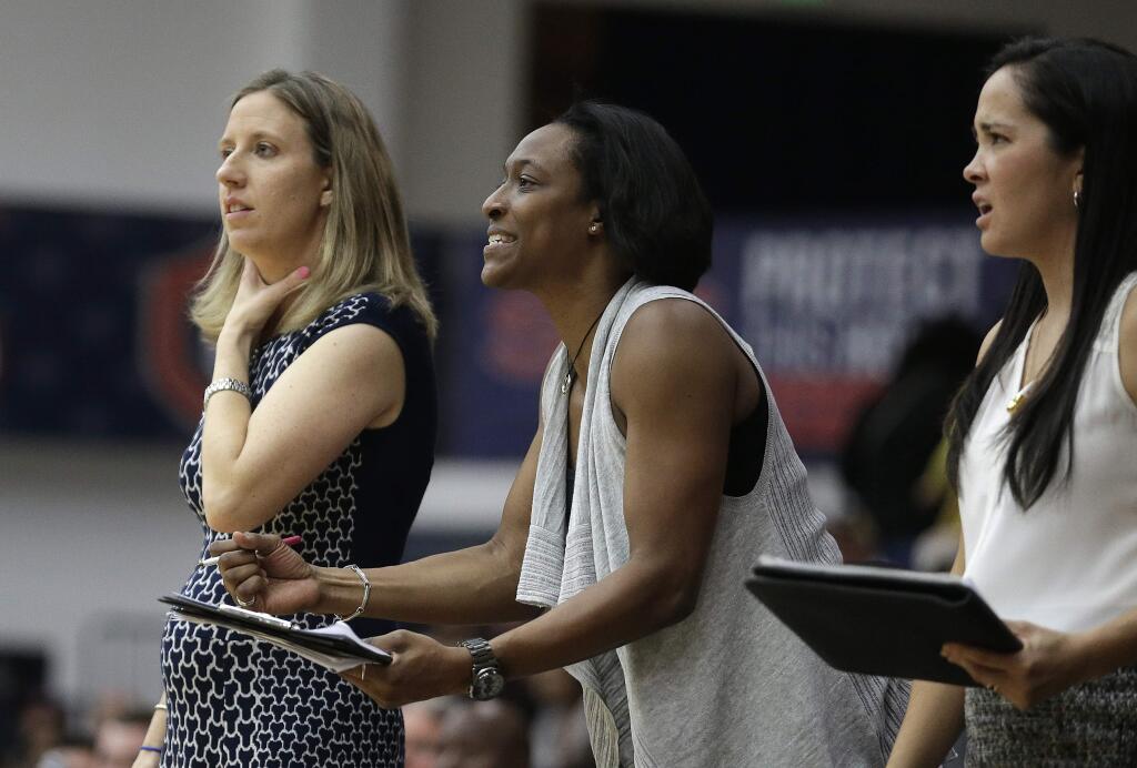 From left, Then-Cal head coach Lindsay Gottlieb, assistant coach Charmin Smith and assistant coach Kai Felton react on the bench during a ame against Saint Mary's, Friday, Nov. 11, 2016, in Moraga. (AP Photo/Ben Margot)
