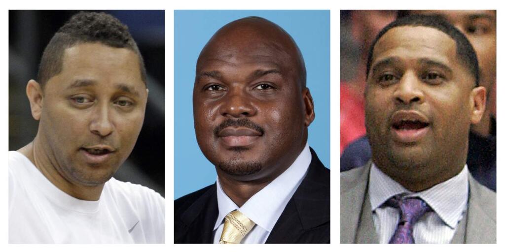 These file photos show assistant basketball coaches Tony Bland, left, Chuck Person, center, and Lamont Richardson. The three, along with assistant coach Lamont Evans of Oklahoma State, were identified in court papers and are among 10 people facing federal charges in Manhattan federal court, Tuesday, Sept. 26, 2017, in a wide probe of fraud and corruption in the NCAA, authorities said. (AP Photo/File)
