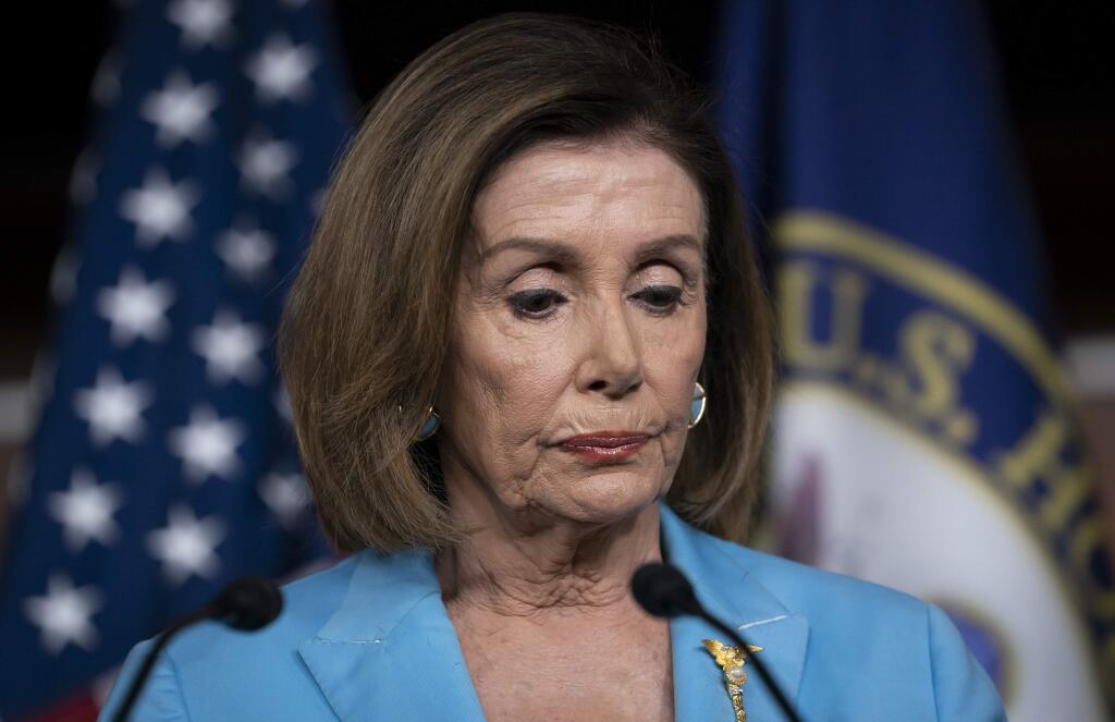 Speaker of the House Nancy Pelosi, D-Calif., pauses at a news conference as House Democrats move ahead in the impeachment inquiry of President Donald Trump, at the Capitol in Washington, Wednesday, Oct. 2, 2019. (AP Photo/J. Scott Applewhite)