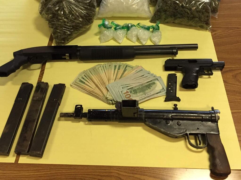 Methamphetamine, three guns, several pounds of marijuana and military-style body armor were recovered by authorities from the car and Sebastopol home of a man on bail for a prior assault-related incident, Thursday, Sept. 22, 2016. (COURTESY OF SANTA ROSA POLICE DEPARTMENT)