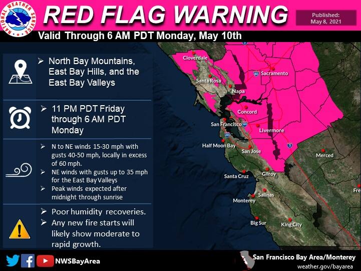 An image from the National Weather Service shows an expanded red flag warning set to expire Monday, May 10, 2021.