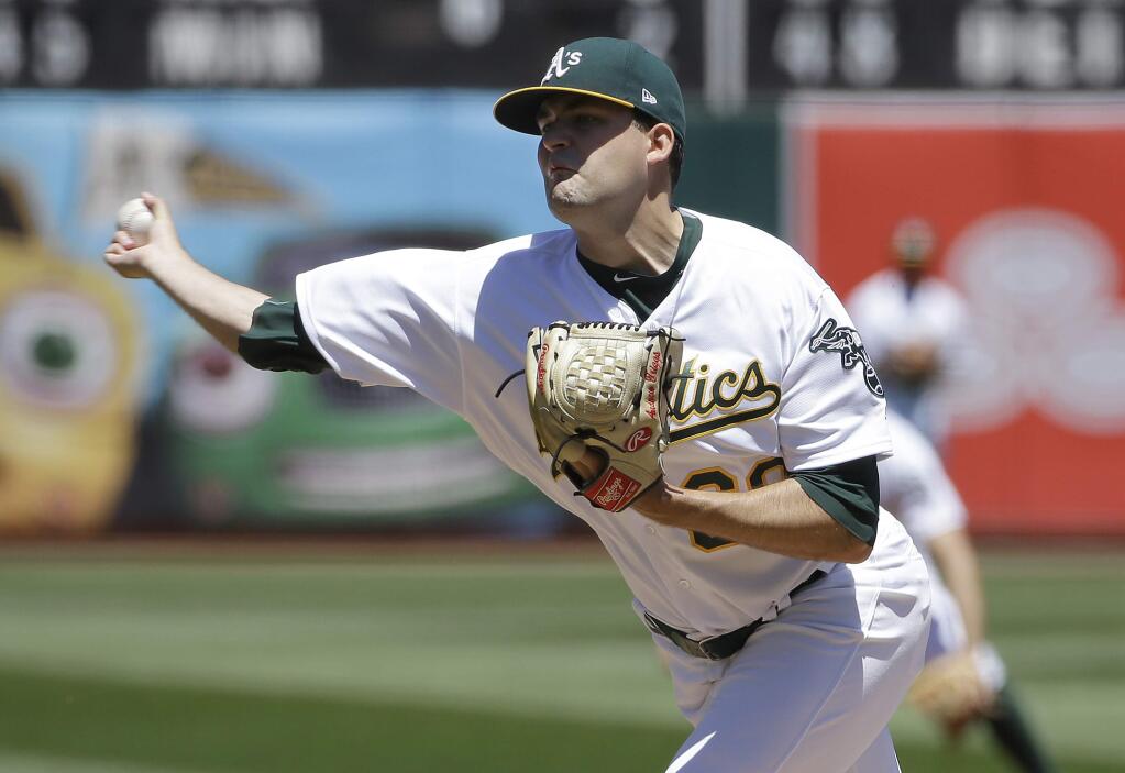 Oakland Athletics pitcher Andrew Triggs throws against the Boston Red Sox during the first inning of a baseball game in Oakland, Calif., Sunday, May 21, 2017. (AP Photo/Jeff Chiu)