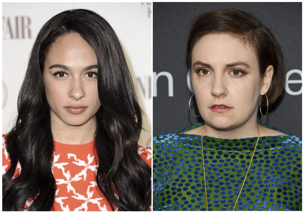 This combination photo shows actress Aurora Perrineau in Los Angeles on Feb. 17, 2015, left, and actress-writer Lena Dunham in New York on May 29, 2018. Dunham is apologizing to Perrineau for defending a writer who Perrineau accused of sexual misconduct. Writing Wednesday in The Hollywood Reporter, Dunham says she “did something inexcusable” in supporting producer and writer Murray Miller. (AP Photo)