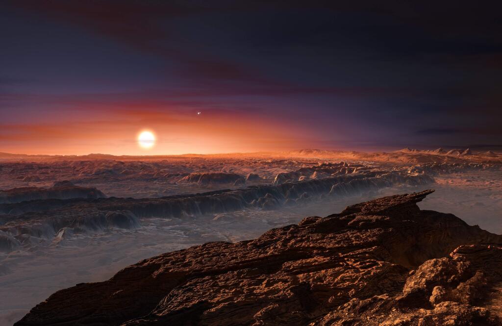An artist rendering of the planet Proxima b orbiting the red dwarf star Proxima Centauri. (European Southern Observatory)