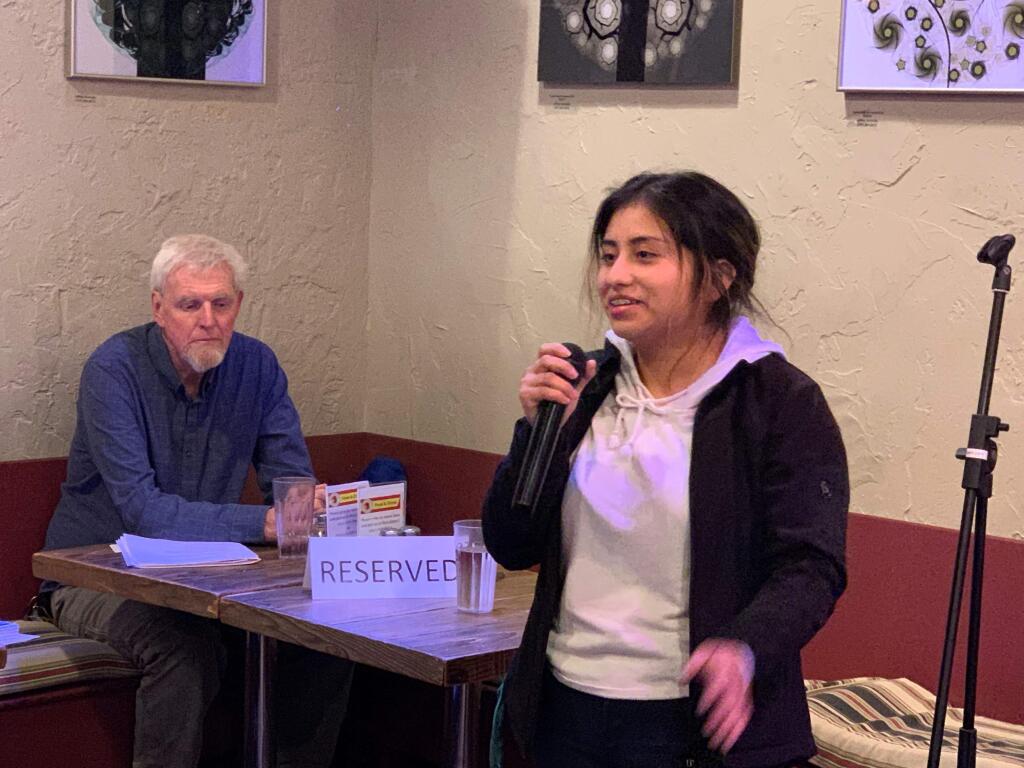 Casa Grande High School senior Maria Cruz talks about her efforts to get restorative justice implemeneted at local schools during an Aqus Community Foundation meeting on Monday, March 25, 2019. (COURTESY OF JENNIFER PRITCHARD)