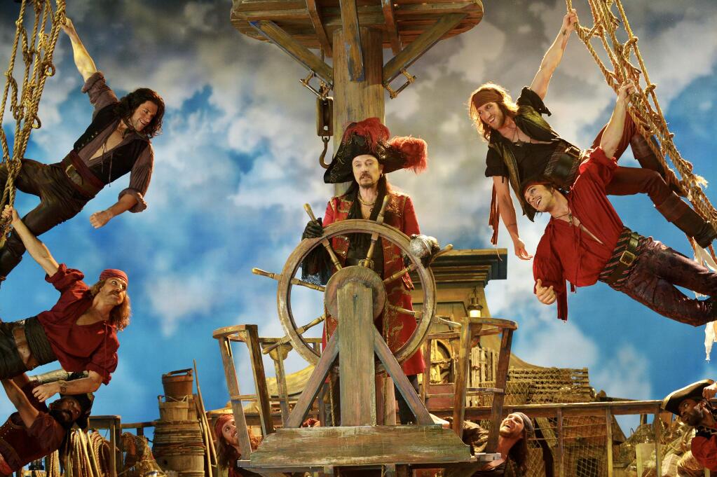 This Nov. 8, 2014 image provided by NBC shows Christopher Walken as Captain Hook, center, from the musical version, 'Peter Pan Live!' airing Thursday, Dec. 4, at 8 p.m., EST. (AP Photo/NBC, Virginia Sherwood)