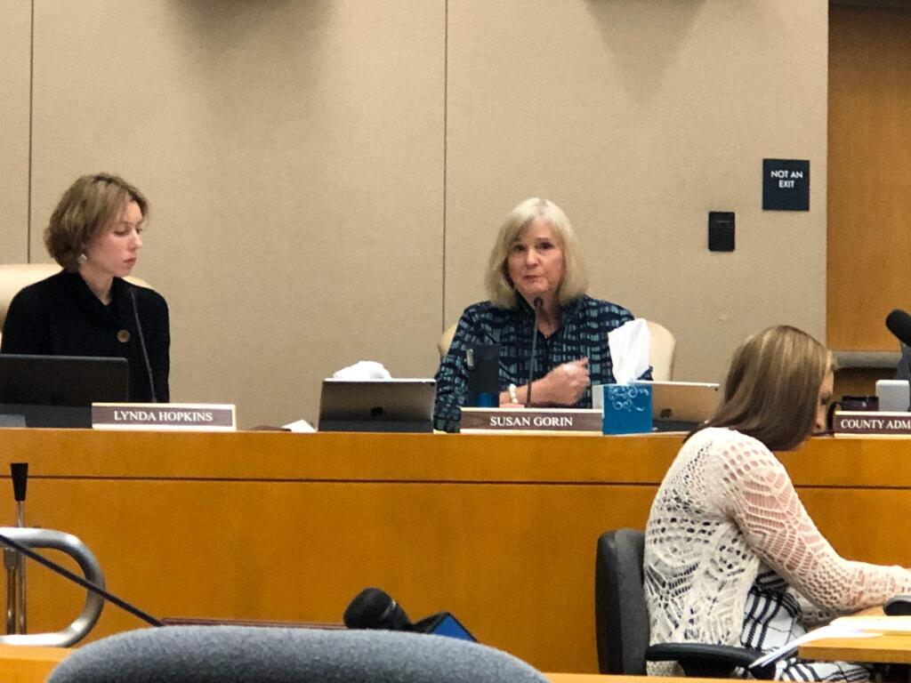 Supervisors Lynda Hopkins and Susan Gorin at the Sonoma County Board of Supervisors meeting on Tuesday, Feb. 27, 2018. (JD MORRIS/ PD)