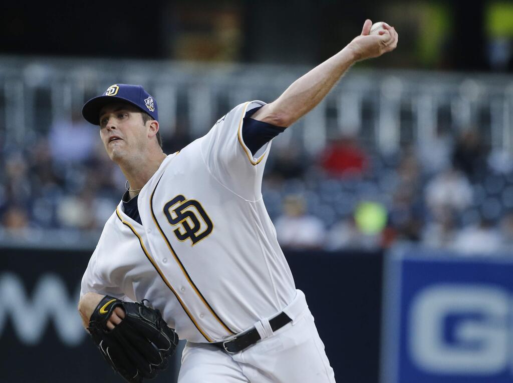 San Diego Padres starting pitcher Drew Pomeranz works against the San Francisco Giants during the first inning of a baseball game Wednesday, May 18, 2016, in San Diego. (AP Photo/Lenny Ignelzi)