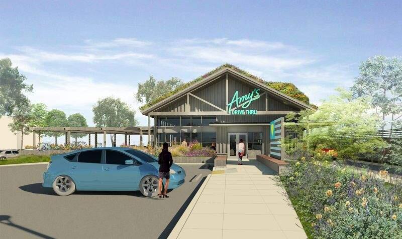 The revised look of the Amy's Drive Thru restaurant, set to open in the Marin County town of Corte Madera in 2020, as seen from the parking lot. (PROVIDED IMAGE)