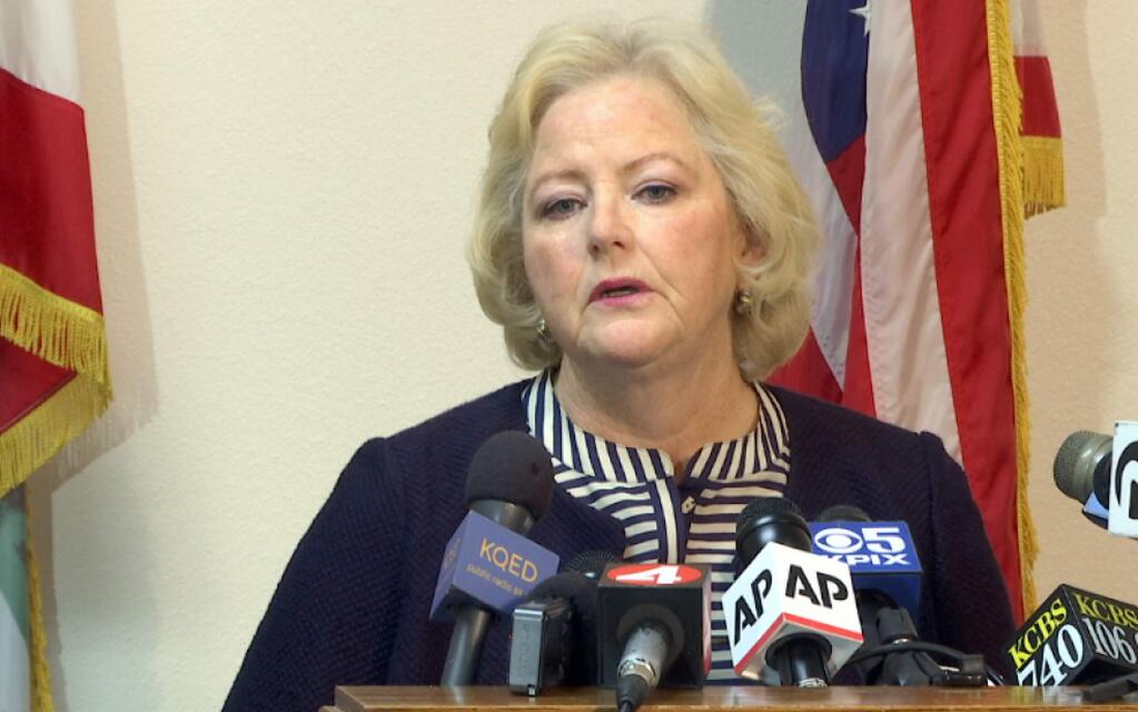 Alameda County District Attorney Nancy O'Malley announces that her office will charge seven current and former San Francisco Bay Area police officers in a sexual misconduct scandal involving a teenager who was later arrested in Florida in an unrelated assault case, at a news conference in Oakland, Calif., Friday, Sept. 9, 2016. (AP Photo/Terry Chea)