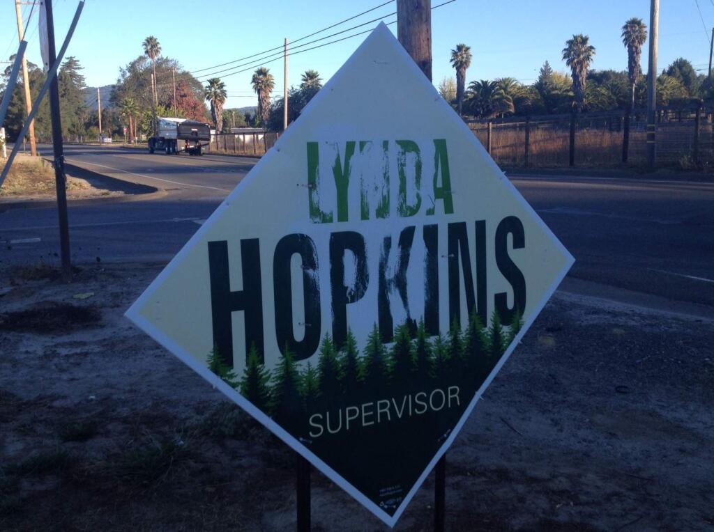 A vandalized sign for west county supervisor candidate Lynda Hopkins on Gravenstein Highway shown on Thursday, Oct. 6, 2016. (CHRIS SMITH/ PD)