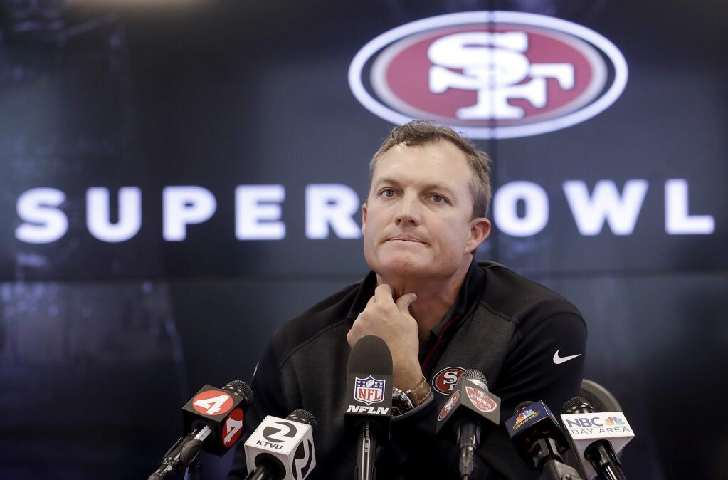 San Francisco 49ers general manager John Lynch speaks to reporters at the team's football facility in Santa Clara, Calif., Monday, April 23, 2018. (AP Photo/Jeff Chiu)