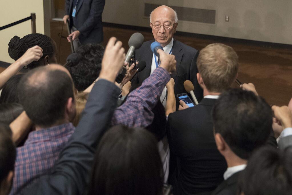 Japanese Ambassador Ambassador to the United Nations Koro Bessho speaks to reporters before Security Council consultations on the situation in North Korea, Friday, Sept. 15, 2017 at United Nations headquarters. (AP Photo/Mary Altaffer)