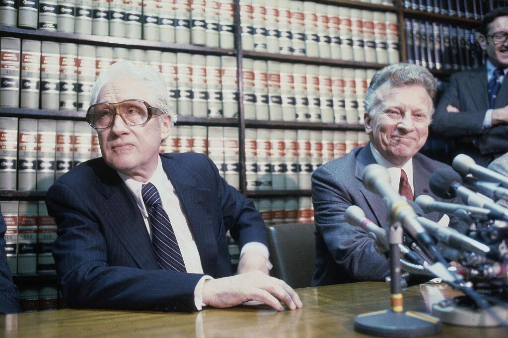 Former FBI officials, Mark Felt, left, and Edward S. Miller, appear at a news conference, April 15, 1981 after learning that President Reagan had pardoned them from their conviction of unauthorized break-ins during the Nixon administration's search for opponents during the Vietnam War. Felt, who lived in Santa Rosa from 1990 until his death in 2008, was later revealed to be the source known as 'Deep Throat' for the Watergate stories written by Washington Post reporters Bob Woodward and Carl Bernstein. (AP Photo/Bob Daugherty)