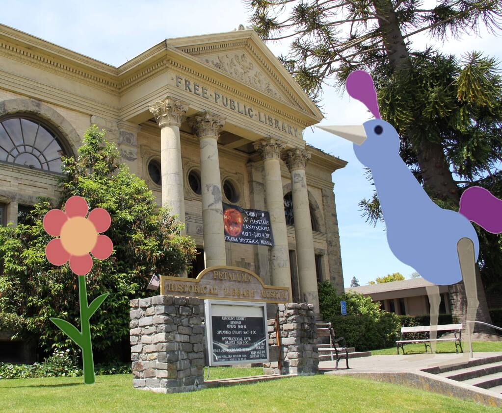 Wiggle PlanetA giant Peck Peck the Wiglet, an animated character created by Wiggle Planet, stands outside the Petaluma Historical Library & Museum.