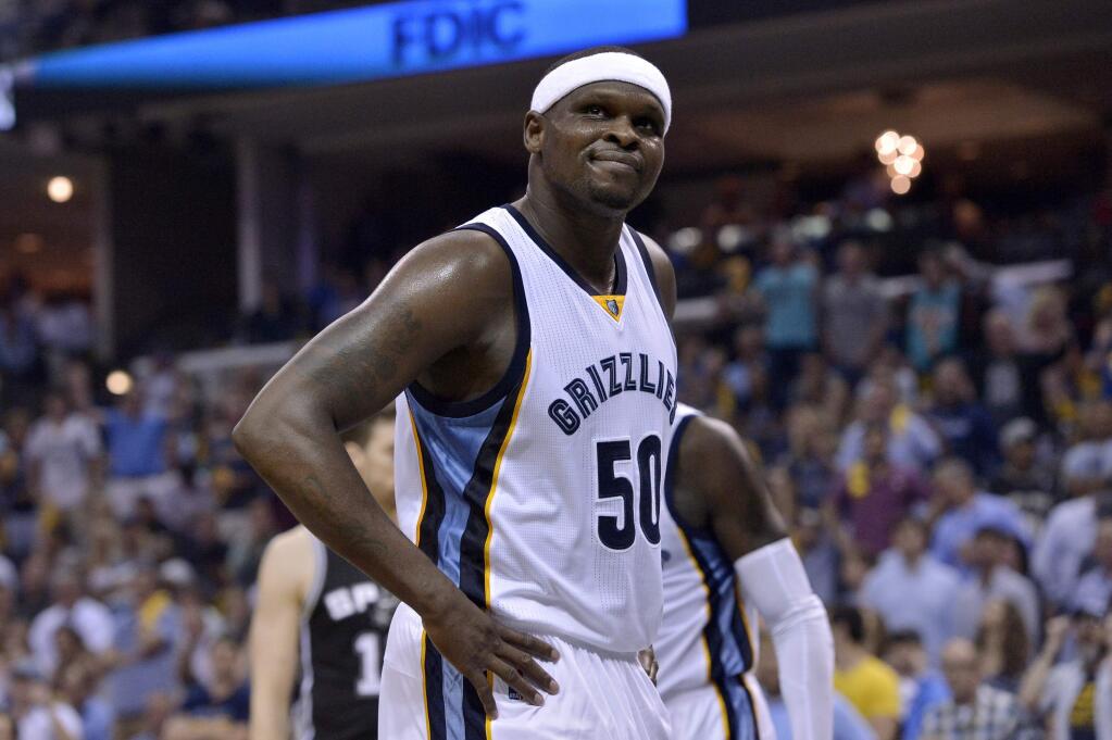 FILE - In this April 27, 2017, file photo, Memphis Grizzlies forward Zach Randolph reacts during the second half of Game 6 in an NBA basketball first-round playoff series against the San Antonio Spurs in Memphis, Tenn. Randolph has been sentenced to community service after being arrested for marijuana possession and resisting arrest following an incident last month at a Los Angeles housing project. Los Angeles City Attorney's spokesman Frank Mateljan says Randolph entered a no contest plea Wednesday, Sept. 13, 2017. He says Randolph was sentenced to 150 hours of community service and can ask for the charges to be vacated if he stays out of trouble for a year. (AP Photo/Brandon Dill, File)