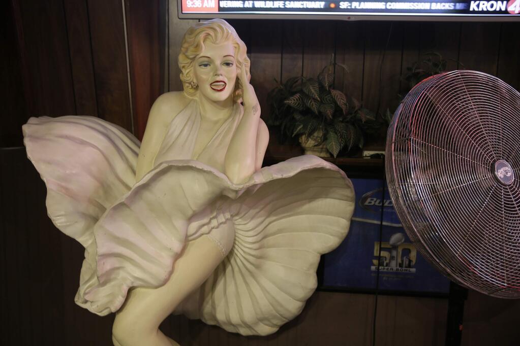 In this photo taken Friday, Jan. 13, 2017, a statue of Marilyn Monroe stands in a back dining room at Lefty O'Doul's restaurant and lounge in San Francisco. The historic baseball memorabilia and piano bar beloved by locals and tourists is set to close this week after its lease expires. Lefty O'Doul's may return to downtown Union Square, but it's unclear who will be in charge as the bar's longtime operator and building owner are fighting over ownership. The establishment's final day is Wednesday, Feb. 1. (AP Photo/Eric Risberg)