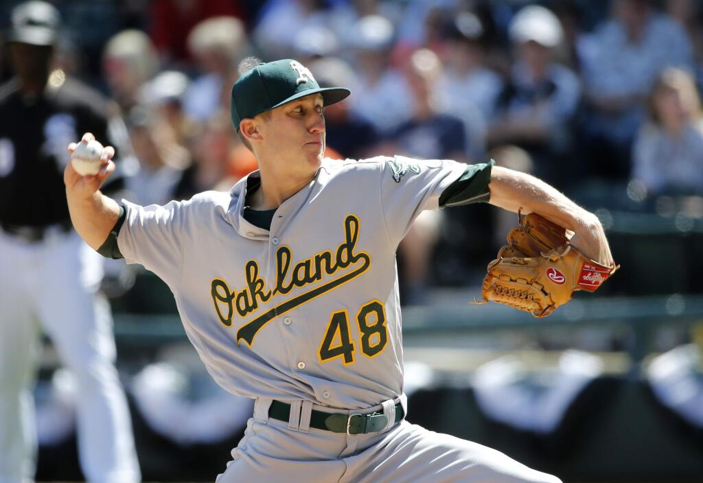 Oakland Athletics starting pitcher Daniel Gossett delivers during the fifth inning of a baseball game against the Chicago White Sox, Saturday, June 24, 2017, in Chicago. (AP Photo/Charles Rex Arbogast)