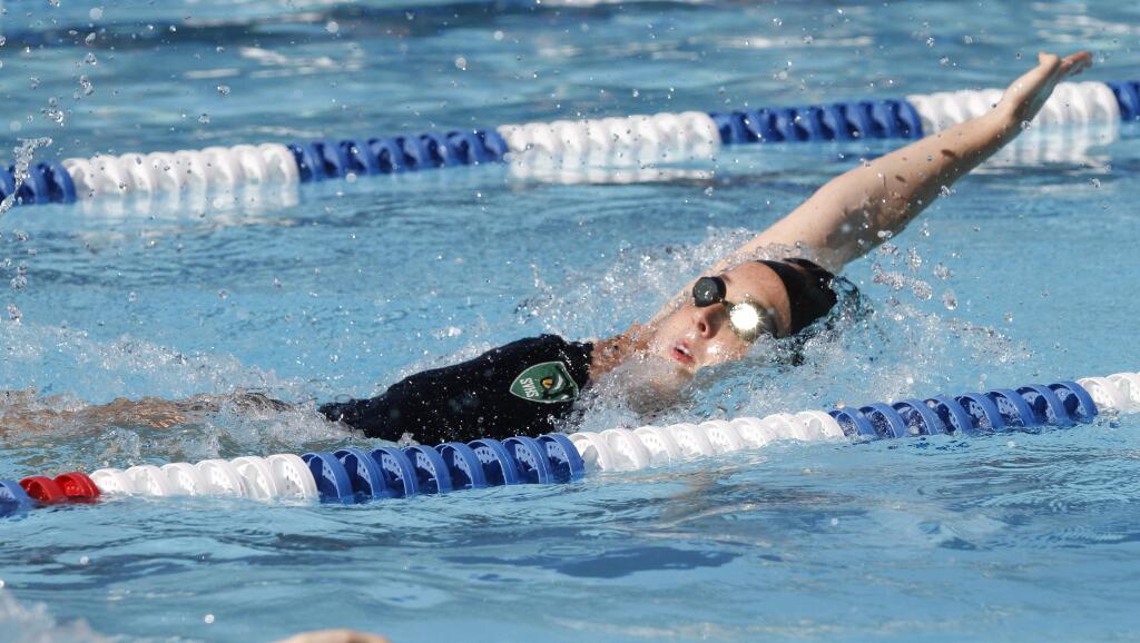 Bill Hoban/Index-TribuneSonoma's Abby Parr swims the backstroke Thursday in her leg of the 200 Medley Relay race against Healdsburg. Parr was one of eight Dragon swimmers who won two individual events. The Dragon girls and boys both beat Healdsburg handily.