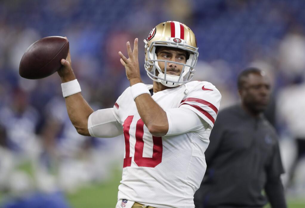 In this Saturday, Aug. 25, 2018 file photo, San Francisco 49ers quarterback Jimmy Garoppolo throws before a game against the Indianapolis Colts in Indianapolis. (AP Photo/Michael Conroy, File)
