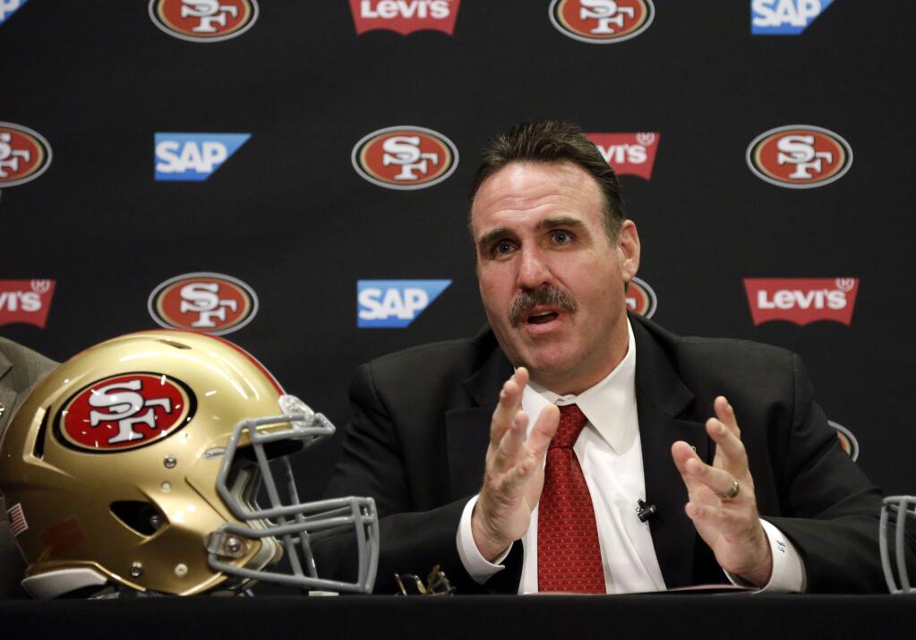 San Francisco 49ers coach Jim Tomsula speaks during a news conference Thursday, Jan. 15, 2015, in Santa Clara, Calif. The NFL football team promoted the defensive line coach to coach Wednesday, going with a familiar face following a national search that took more than two weeks and ended right in house. (AP Photo/Marcio Jose Sanchez)