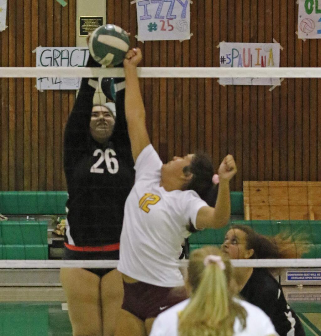 Bill Hoban/Special to the Index-TribuneSonoma's Alondra Martinez (#26) blocks a shot during a recent game against Vintage. The Lady Dragons beat Petaluma 3-0 on Thursday and received a North Coast Section bid on Sunday. The 10th-seeded Lady Dragons will face seventh-seed Drake, at Drake, at 7 p.m. today.