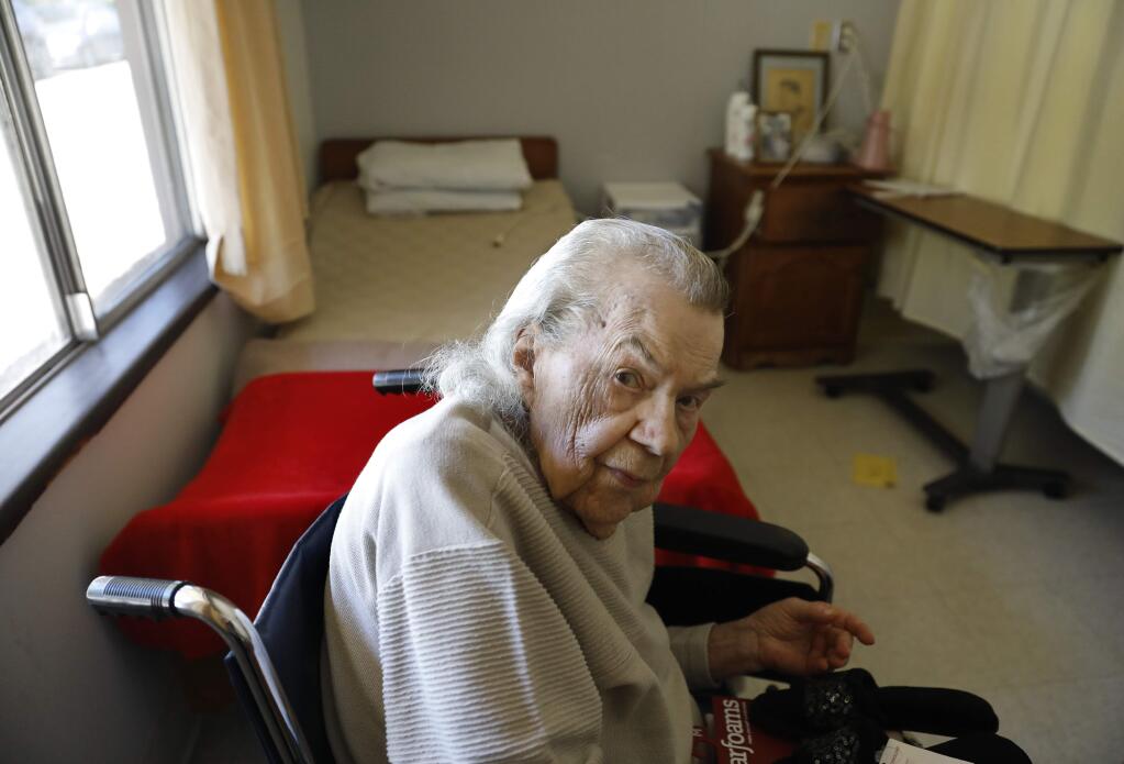 101-year-old Mabel Barnfield in her room at the Novato Healthcare Center in Novato, California on Wednesday, April 24, 2019. (BETH SCHLANKER/The Press Democrat)