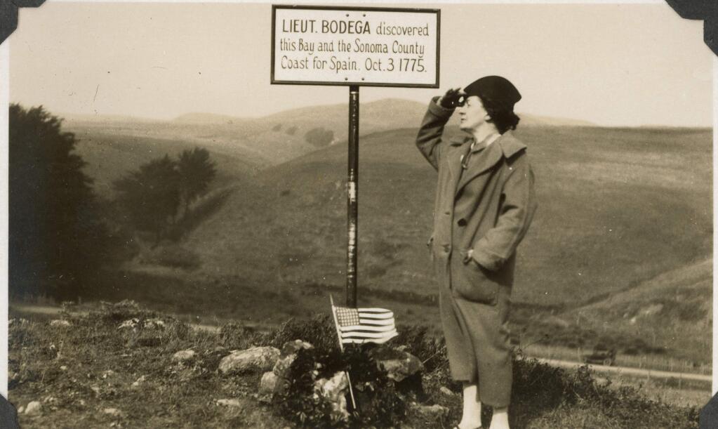 Honoria Tuomey, a Bodega Bay historian, placed a marker in 1925 to honor the discovery of Bodega Bay by Juan Francisco Bodega y Quadra in 1775. Bodega was a Spanish naval officer born in Lima, Peru. (Courtesy of the Rancho Bodega Historical Society)