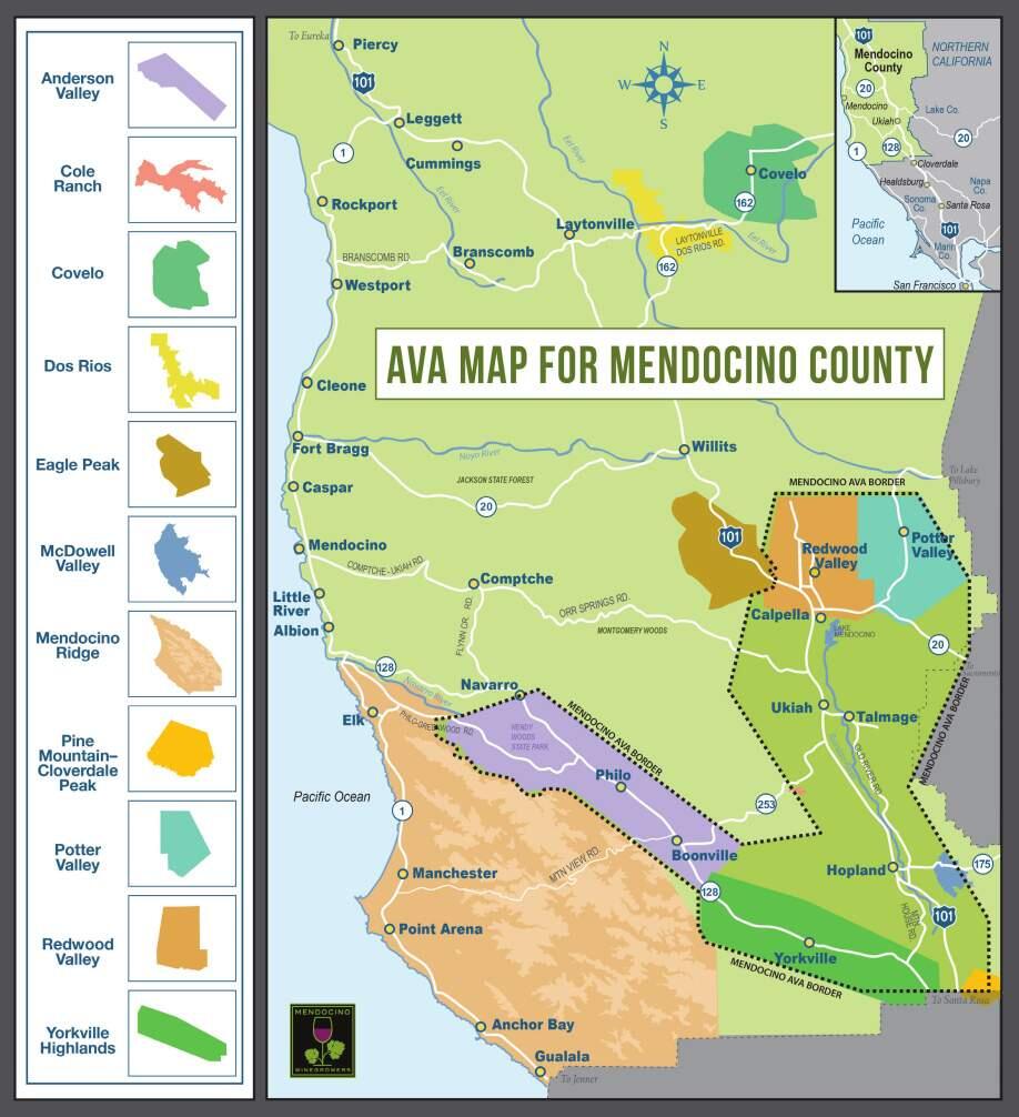 Mendocino County has a dozen internal American Viticultural Areas, or subappellations, including the 'Mendocino' AVA, which includes the prized Anderson Valley pinot noir region and Ukiah Valley. (courtesy of Mendocino WineGrowers Inc.) 2019