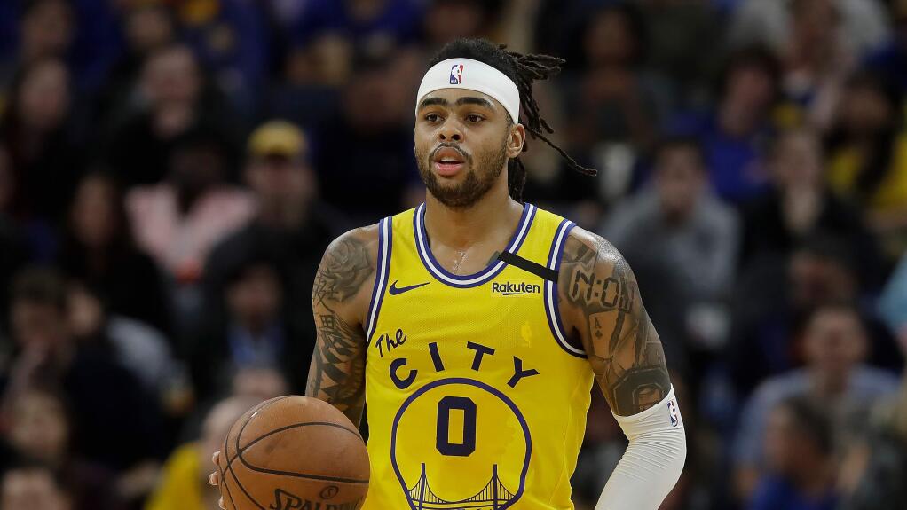 Golden State Warriors guard D'Angelo Russell against the Indiana Pacers in San Francisco, Friday, Jan. 24, 2020. (AP Photo/Jeff Chiu)