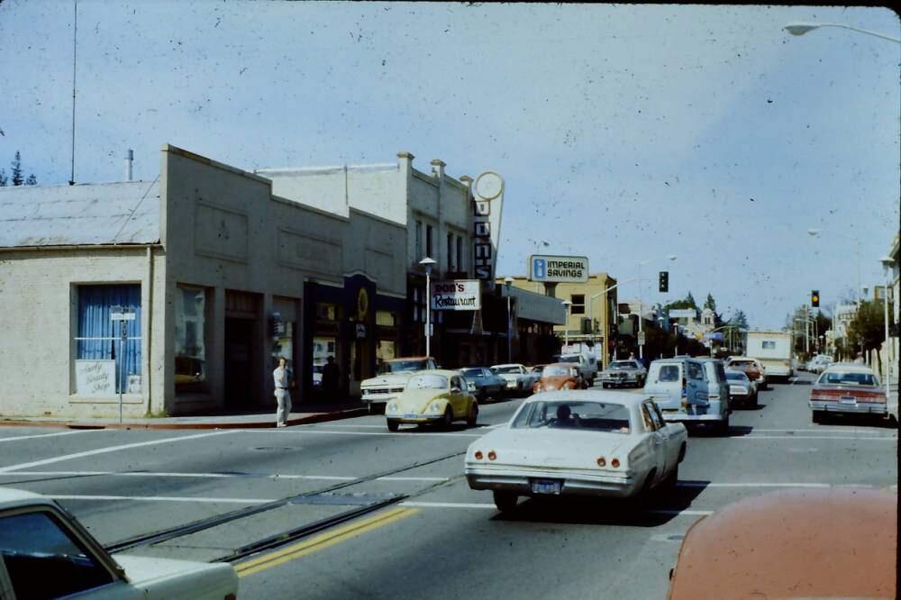 You remember when traffic on Main Street in Sebastopol was two-way. (Courtesy of Western Sonoma County Historical Society, 1970s)