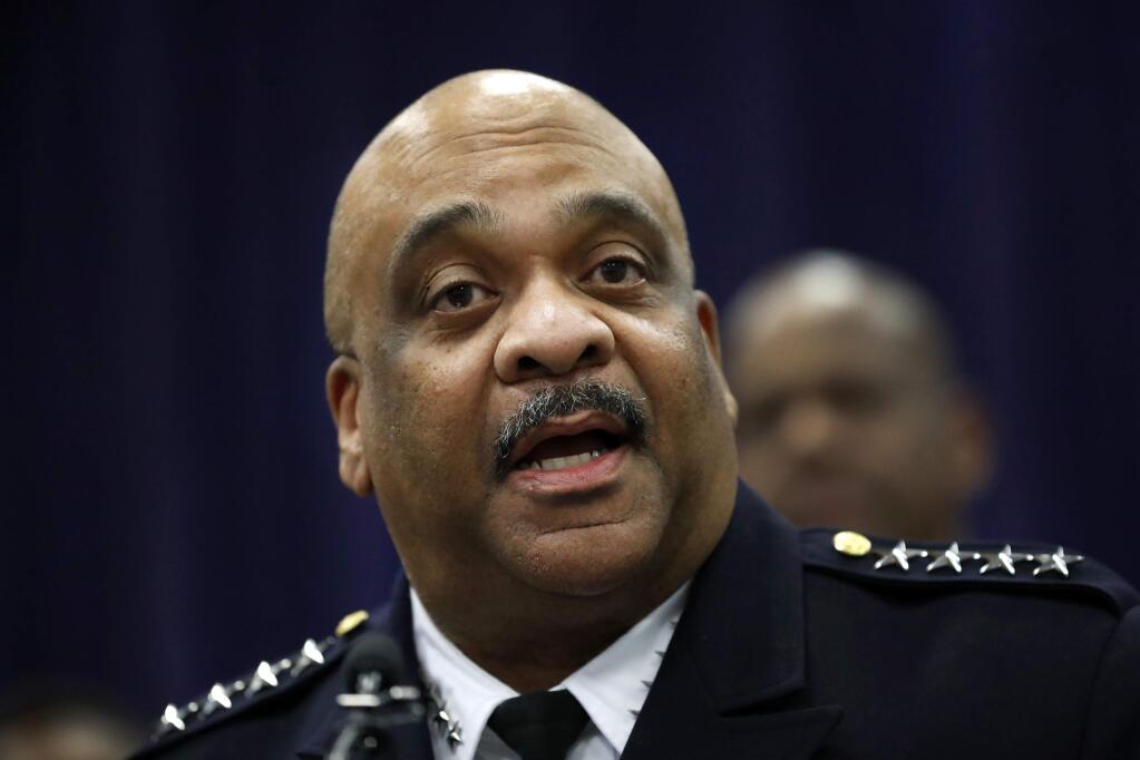 FILE - In this Oct. 28, 2019 file photo, Chicago Police Supt. Eddie Johnson speaks in Chicago. Chicago Mayor Lori Lightfoot says she has fired Police Supt. Johnson due to his 'ethical lapses' Monday, Dec. 2, 2019. (AP Photo/Charles Rex Arbogast File)