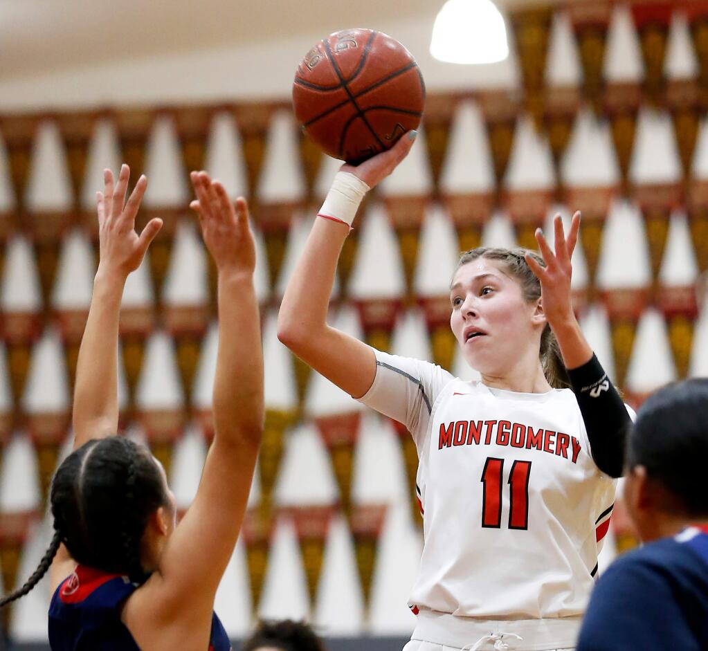 Montgomery's Ashleigh Barr (11), right, shoots over Richmond's Kimberly Fierros (23) during the first half of the NCS Division 2 girls varsity basketball playoff game between Richmond and Montgomery high schools in Santa Rosa, California, on Tuesday, February 18, 2020. (Alvin Jornada / The Press Democrat)