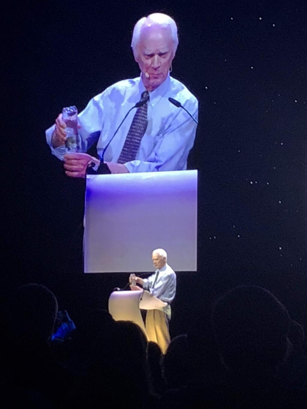 Former NASA Apollo astronaut Rusty Schweickart, showin recently in Zurich last week while making a presentation. Schweickart, who lives in Sonoma, finds himself in high global demand in the run-up to the 50th anniversary of the first moon landing on July 20. The 83-year-old research scientist and MIT-trained aeronautical engineer, flew aboard Apollo 9 in 1969, the first manned flight test of the lunar module, just ahead of Apollo 11, which landed on the Moon that July. (Brian Eno)