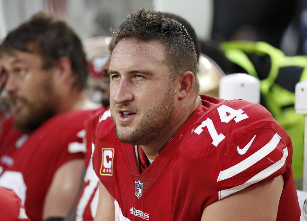 San Francisco 49ers offensive tackle Joe Staley sits on the bench during a game against the Seattle Seahawks in Santa Clara, Sunday, Dec. 16, 2018. (AP Photo/Tony Avelar)