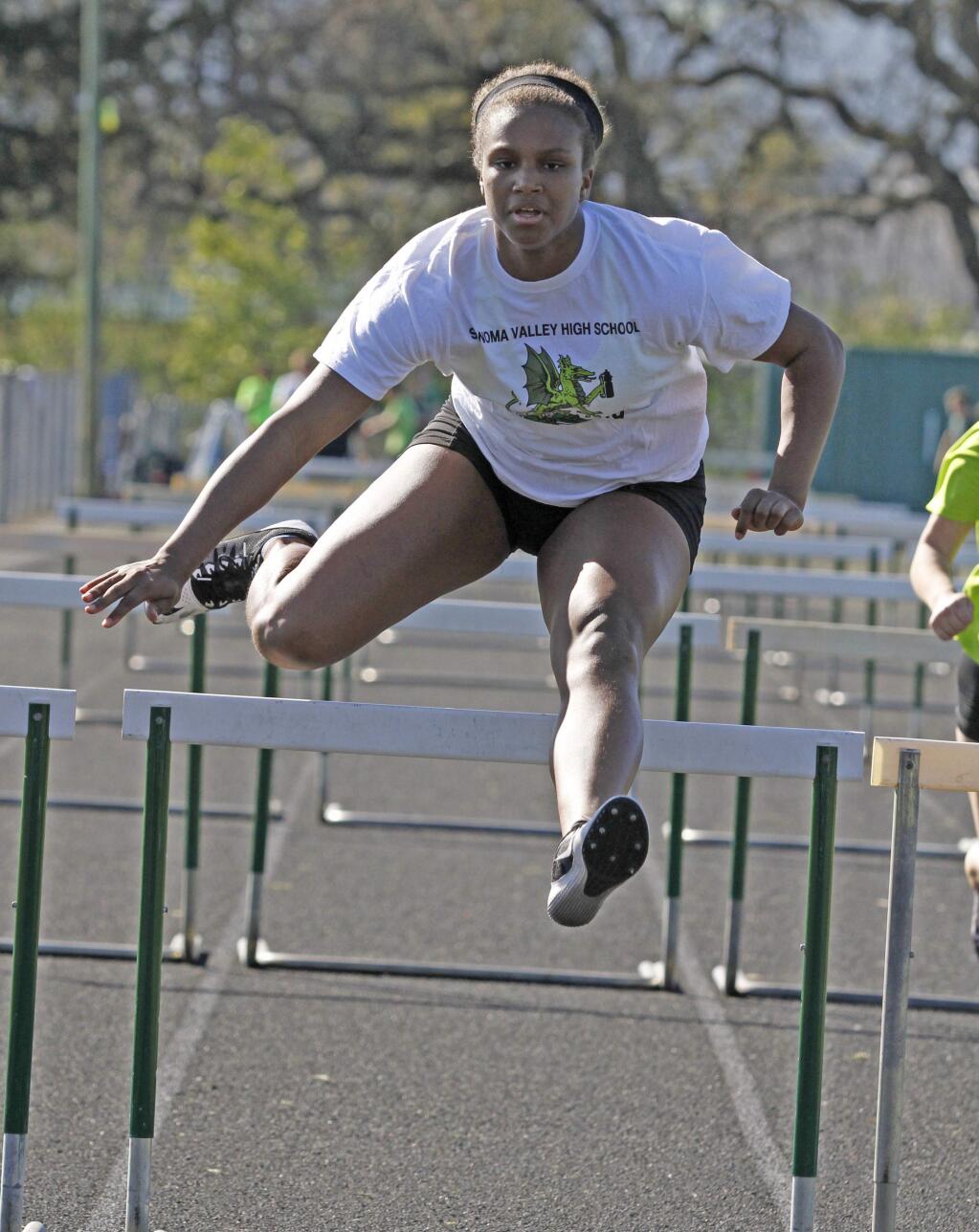 Bill Hoban/Index-TribuneSonoma's Kiara Miles won three events - including both hurdles races - Wednesday in an SCL meet with Petaluma and Elsie Allen.
