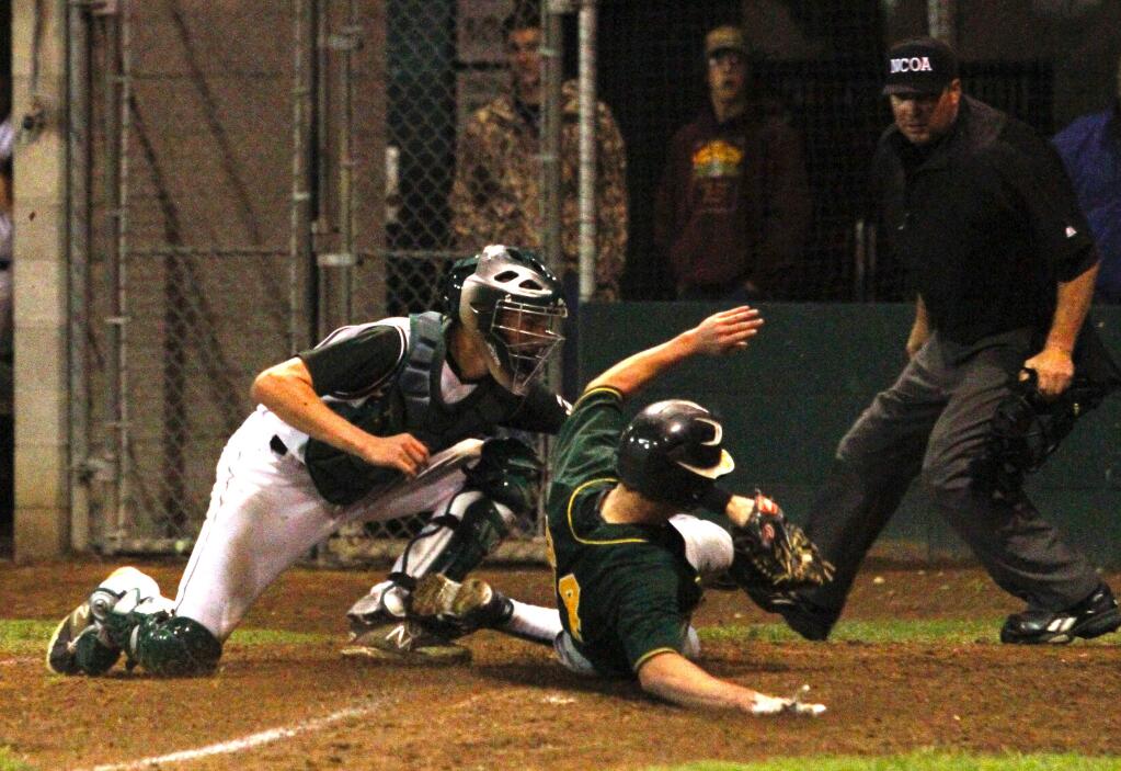 Bill Hoban/Index-TribuneSonoma catcher Colton Mertens puts the tag on a Casa Grande runner in Wednesday night's game at Arnold Field.