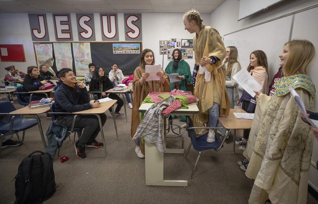 Seventh grade girls act out a scene from the bible in bible studies class at Rincon Valley Christian School on Wednesday. The school announced it will close at the end of the the school year. (photo by John Burgess/The Press Democrat)
