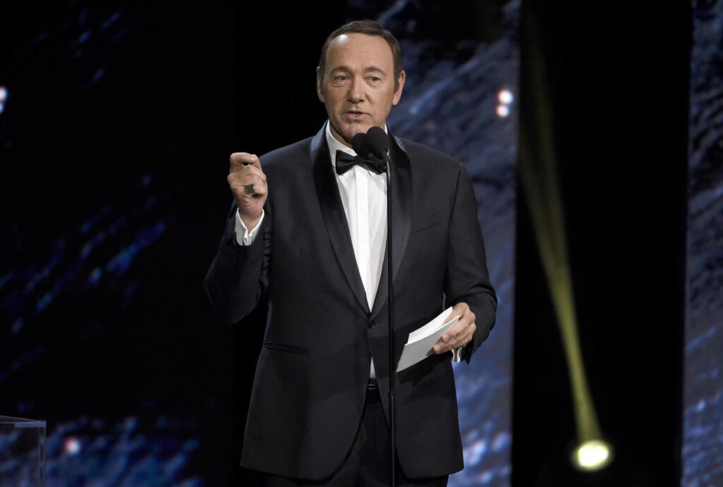 FILE - In this Oct. 27, 2017 photo, Kevin Spacey presents the award for excellence in television at the BAFTA Los Angeles Britannia Awards at the Beverly Hilton Hotel in Beverly Hills, Calif. (Photo by Chris Pizzello/Invision/AP, File)