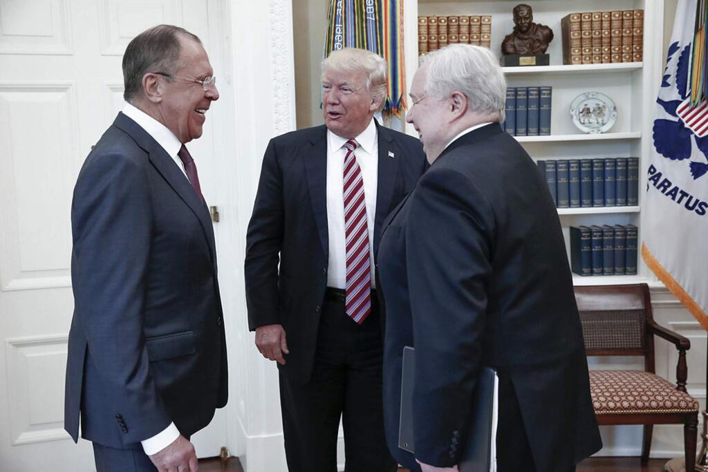 FILE - In this image provided by the Russian Foreign Ministry, President Donald Trump meets with Russian Foreign Minister Sergey Lavrov, left, next to Russian Ambassador to the U.S. Sergei Kislyak at the White House in Washington, on May 10, 2017. (Russian Foreign Ministry Photo via AP)