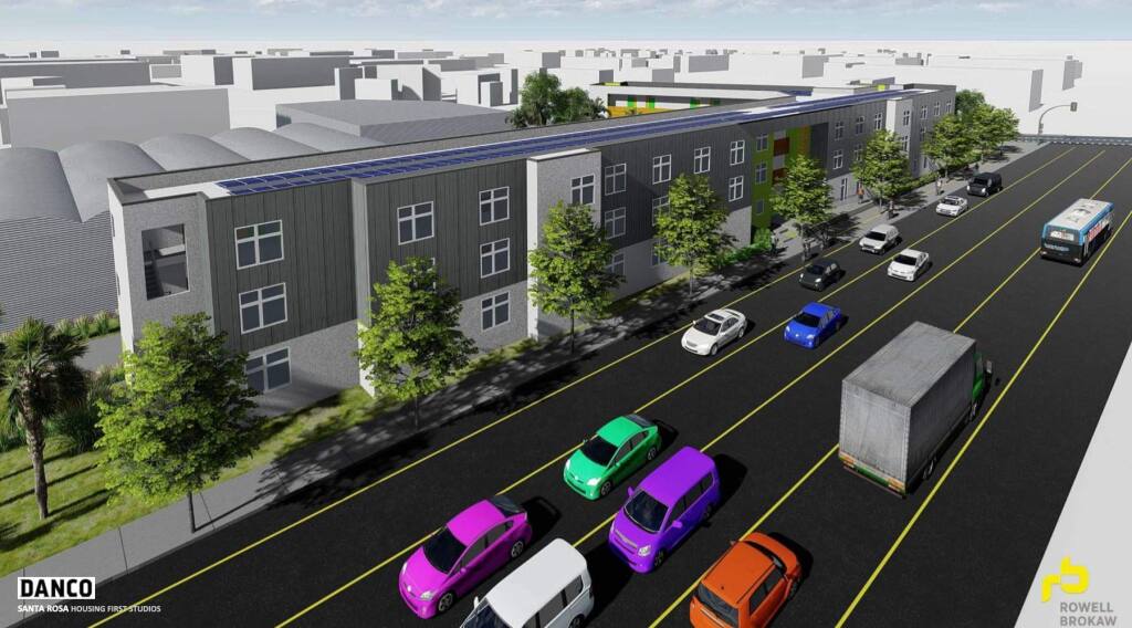 A 54-unit apartment complex, as seen in this rendering, will be constructed at the southwest corner of College and Cleveland avenues for people facing financial hardship and homelessness. (Rowell Brokaw)