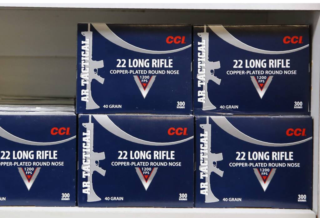 FILE - In this photo June 11, 2019, file photo boxes of .22 caliber ammunition are displayed for sale at the Foothill Ammo store in Shingle Springs, Calif. (AP Photo/Rich Pedroncelli, File)