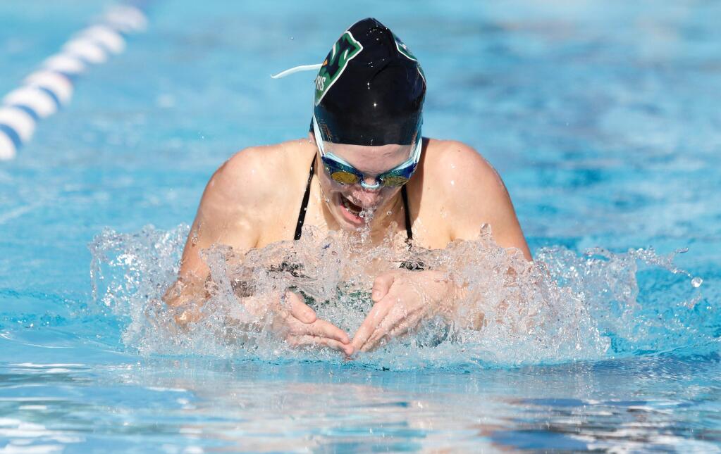 Junior Charlotte Hunter digs in to win the 200 individual medley at the Sonoma Aquatic Club as the SVHS girls handily defeated Justin-Sienna in a VVAL meet. The boys missed a win by less than half a second in the final event. (Bill Hoban / Special to the Index-Tribune)