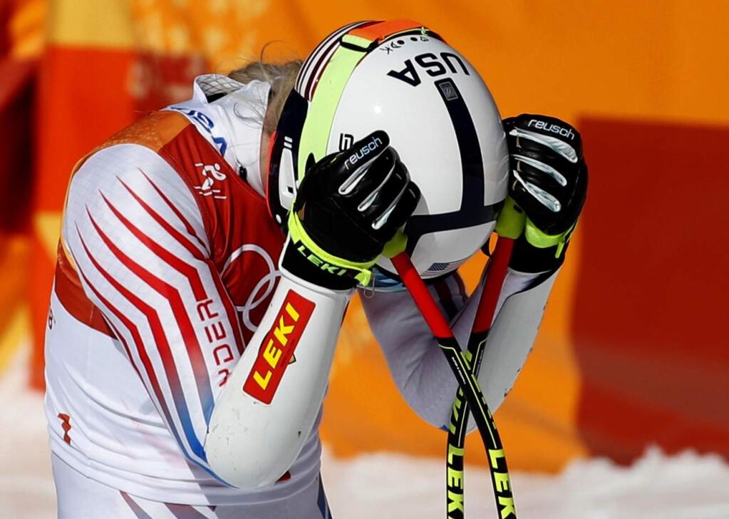 United States' Lindsey Vonn reacts in the finish area after competing in the women's super-G at the 2018 Winter Olympics in Jeongseon, South Korea, Saturday, Feb. 17, 2018. (AP Photo/Christophe Ena)