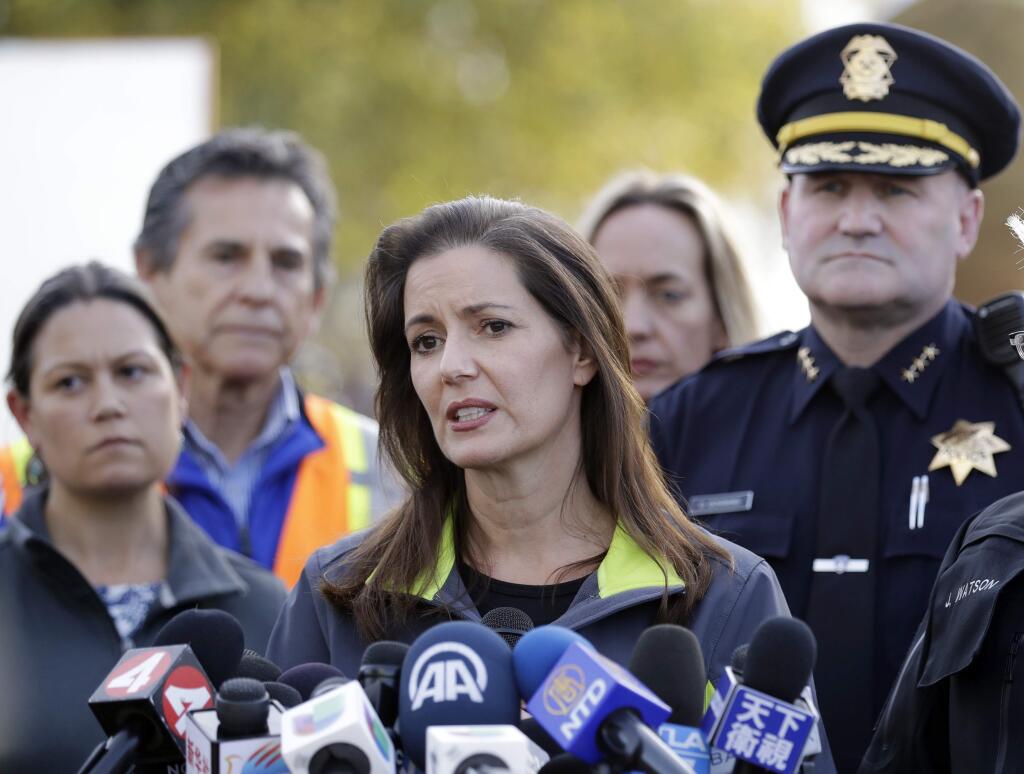 Oakland Mayor Libby Schaaf speaks during a press conference to provide updates on a warehouse fire Sunday, Dec. 4, 2016, in Oakland, Calif. The death toll from a fire that tore through a warehouse hosting a late-night dance party climbed on Sunday as firefighters painstakingly combed through rubble for others believed to still be missing. (AP Photo/Marcio Jose Sanchez)
